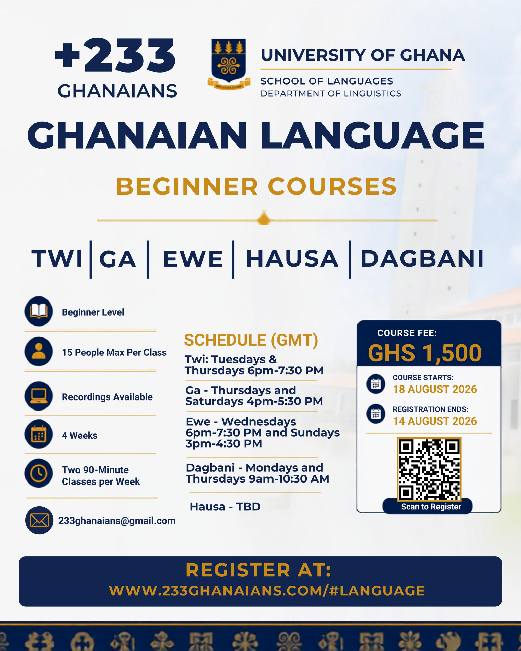 Twi, Ga, Ewe, Ga, and Dagbani Ghanaian Language Learning Courses - August to September 2026